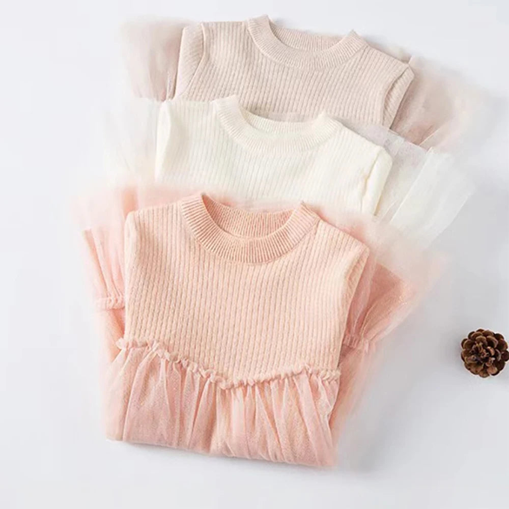 Knitted Mesh Splice Dresses for Little Girls with Round Neck childrensterritory