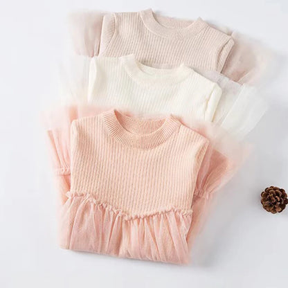 Knitted Mesh Splice Dresses for Little Girls with Round Neck childrensterritory