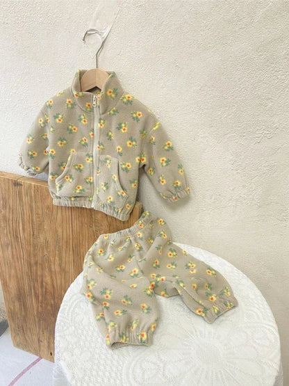 Turtleneck 2pcs Floral Print Thick Warm Baby Clothing Set childrensterritory