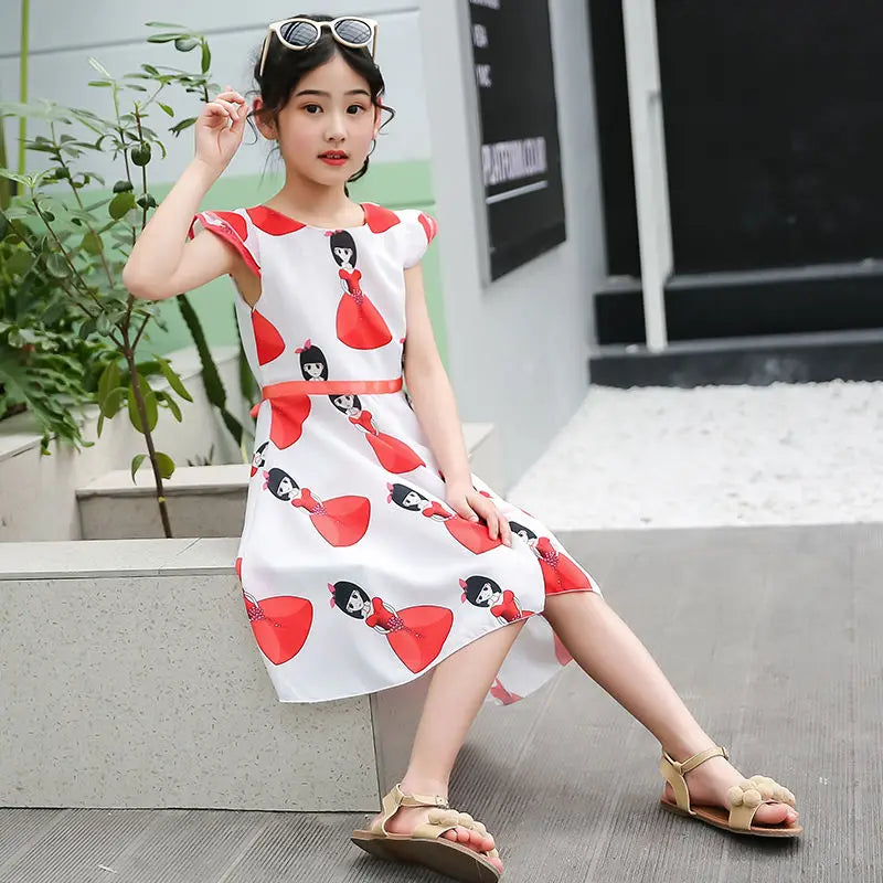 Kids Girls Sleeveless Kitty Design Summer Party Dresses