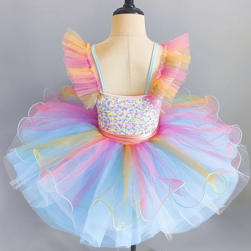 Kids Girls Rainbow Color Design Ballerina Dress