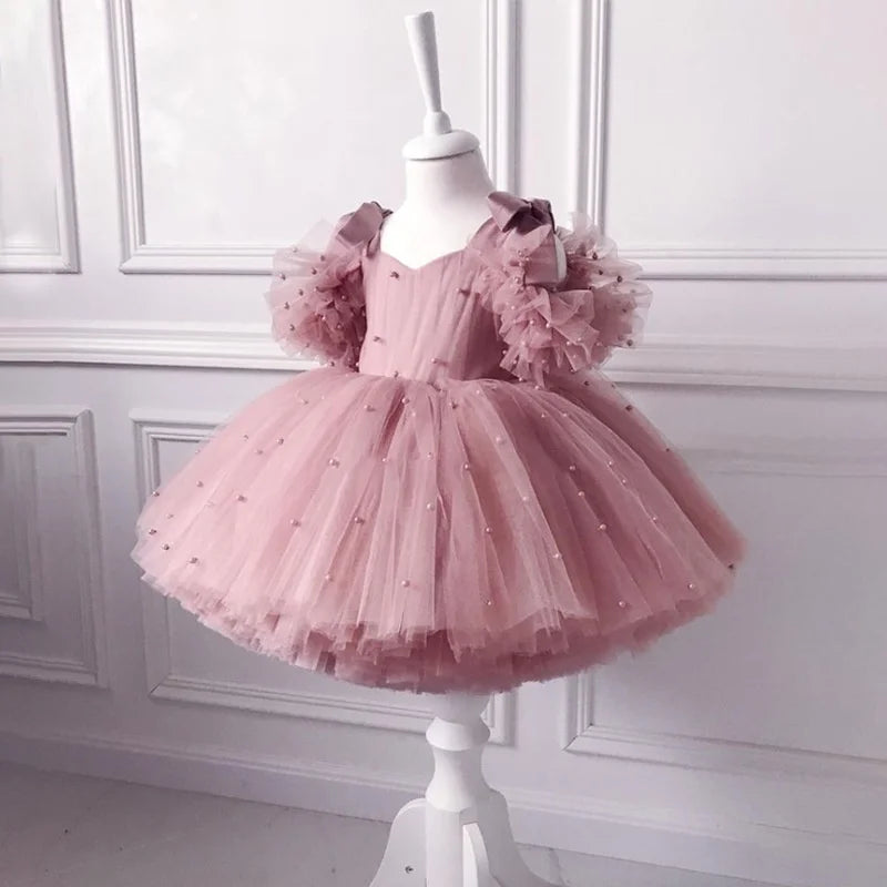 Pearl Mesh Design Tutu Christening Dress for Little Girls