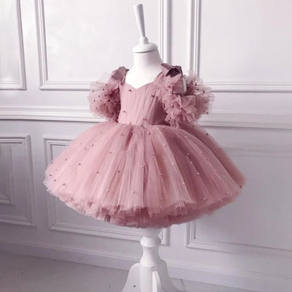 Pearl Mesh Design Tutu Christening Dress for Little Girls