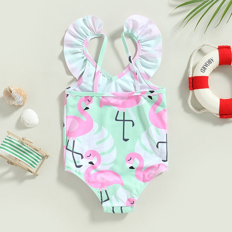 Flamingo Print Backless Kid Girl Beachwear Jumpsuit childrensterritory