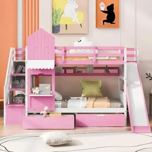 Full-Over-Full Castle Bunk Bed with Slide, Shelves, and Drawers