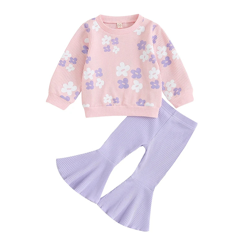 Floral Print Tops with Flare Pants Fall Clothing Set for Girls childrensterritory