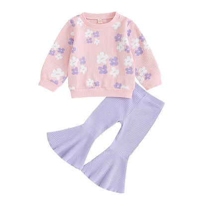 Floral Print Tops with Flare Pants Fall Clothing Set for Girls childrensterritory