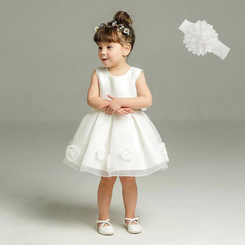 Little Girls Bow Lace Design White Baptism/Bridesmaid Dresses