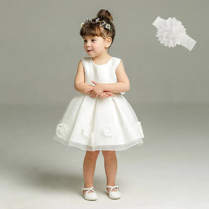 Little Girls Bow Lace Design White Baptism/Bridesmaid Dresses