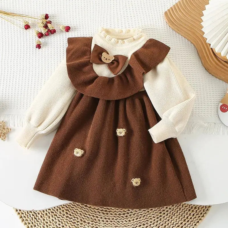 Girls’ Elegant Bow Design Long-Sleeve Warm Dresses childrensterritory