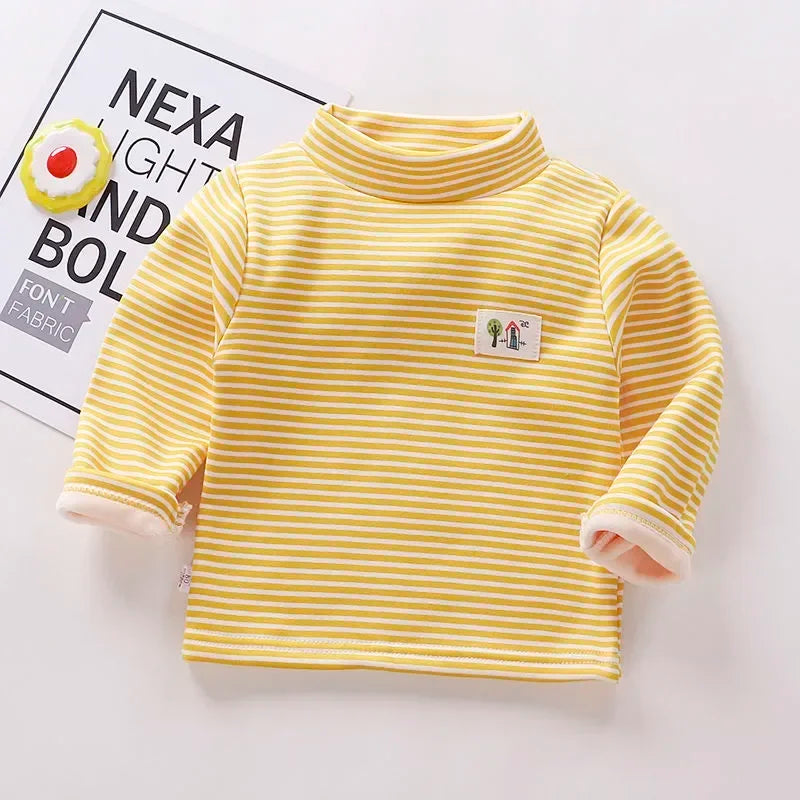 Kids Korean Style Turtleneck Striped Design Velvet Winter T-shirts childrensterritory