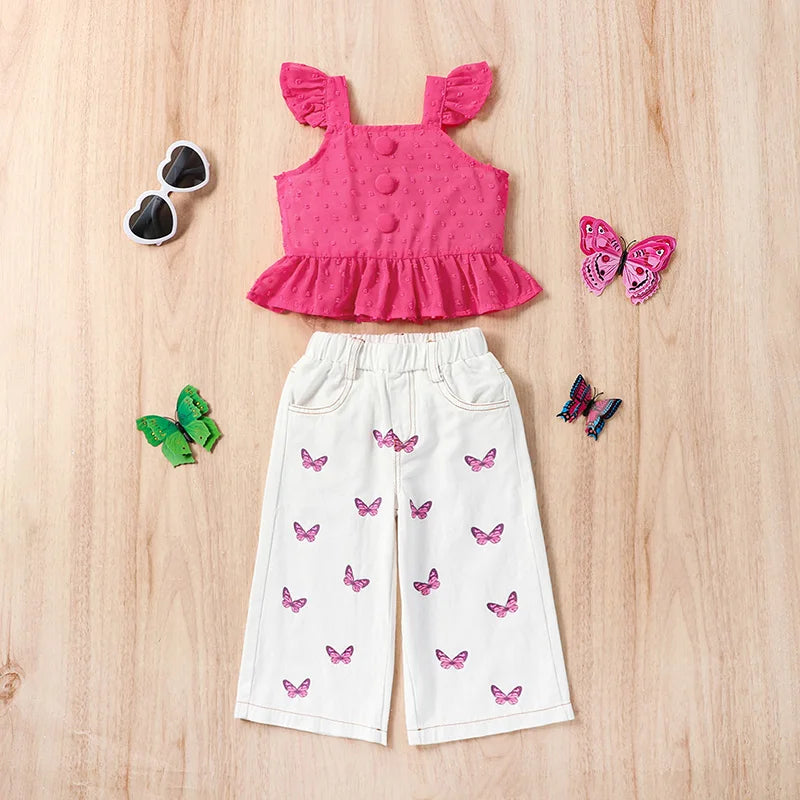 Kids Girls Button Tops and Butterfly Pants Clothing Set