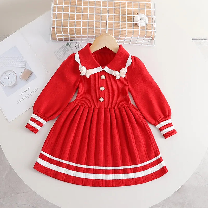 Girls' Collar Design Long-Sleeved Winter Dresses