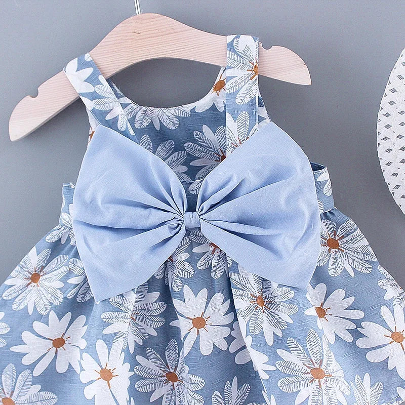 Sleeveless Bow Design Printed Summer Dresses For Girls
