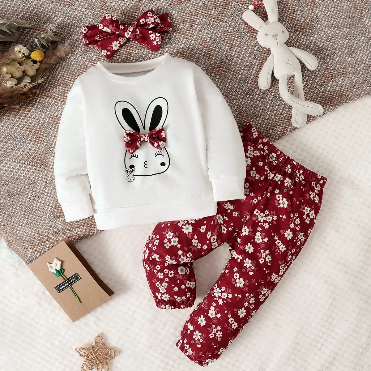 Baby Girl Rabbit Print Pullover &amp; Floral Print Pants &amp; Headband Set childrensterritory