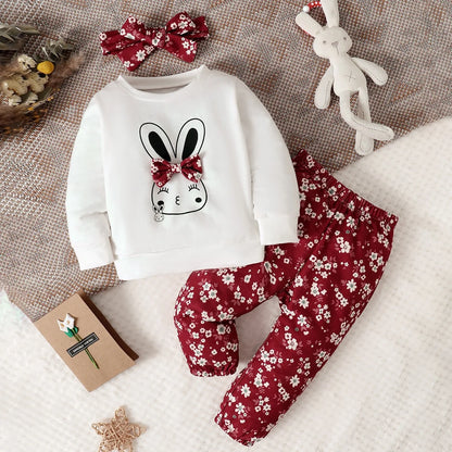 Baby Girl Rabbit Print Pullover &amp; Floral Print Pants &amp; Headband Set childrensterritory