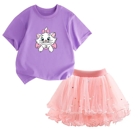 Kids Girls Marie Cat Design Summer T-shirt &amp; Tutu Skirt Set childrensterritory