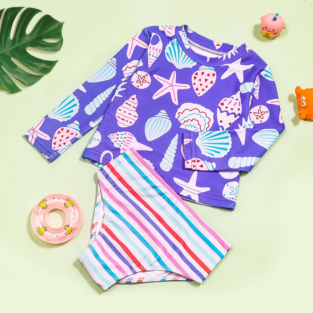 High-Quality Shell-Pattern Striped Swimsuit for Girls childrensterritory