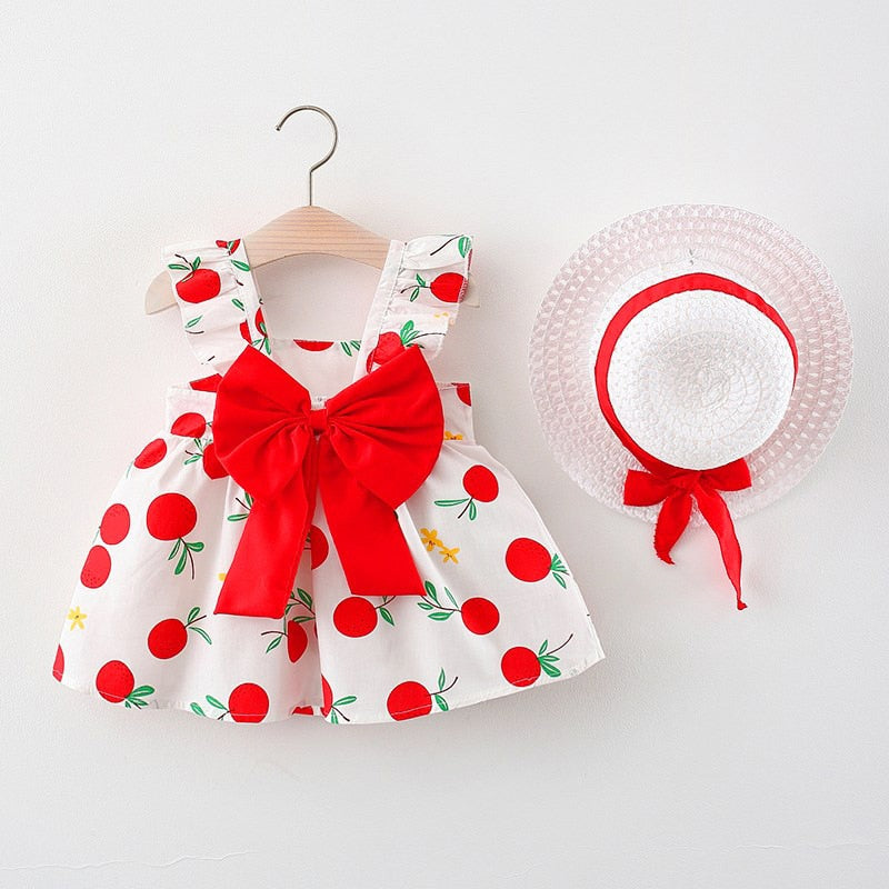 Baby Girl Floral Big Bow Designed Summer Dresses + Sunhat childrensterritory