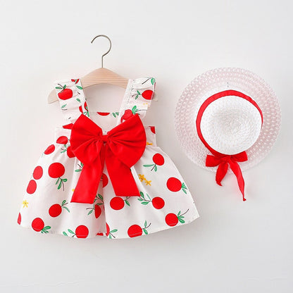 Baby Girl Floral Big Bow Designed Summer Dresses + Sunhat childrensterritory