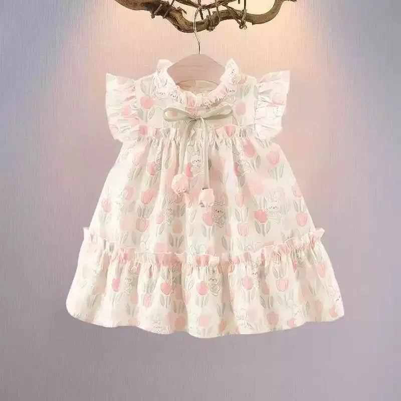 Baby Girl Cartoon Rabbit Tulip Print Dress for Summer