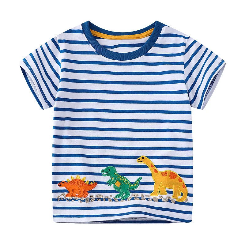 Dinosaurs Cartoon Striped Design Summer T-shirts for Kids Boys childrensterritory