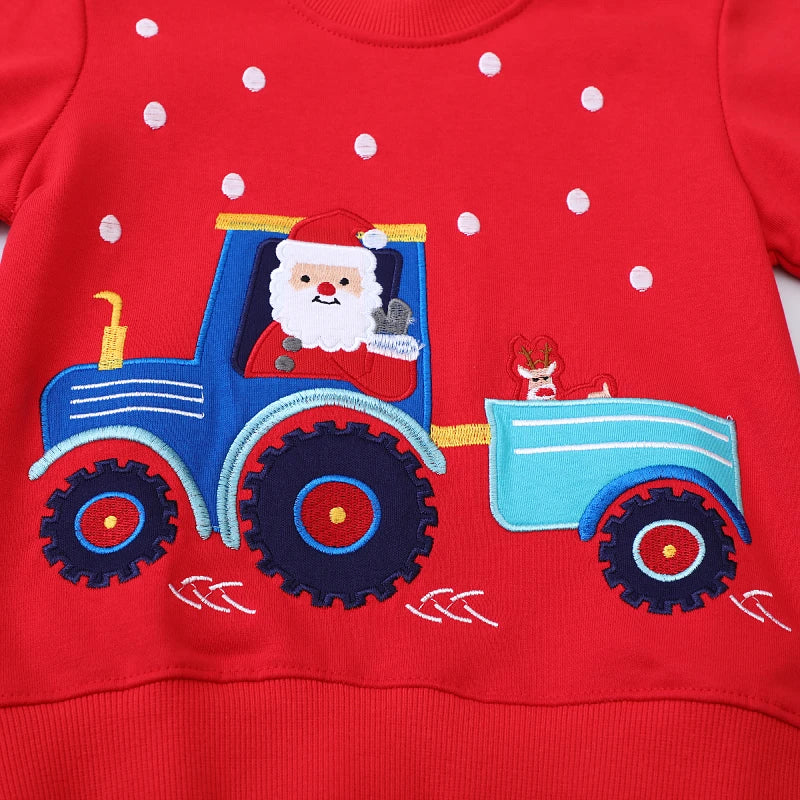 Kids Sweatshirts with Cartoon Tractor Santa Claus Embroidery childrensterritory