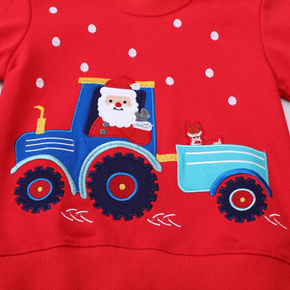 Kids Sweatshirts with Cartoon Tractor Santa Claus Embroidery childrensterritory