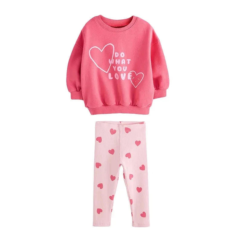 Kids Girls Heart Print Pink Cotton Hoodie and Legging Sets for Autumn childrensterritory