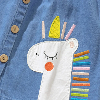 Kids Girls Sleeveless Unicorn Appliques Denim Party Dress childrensterritory
