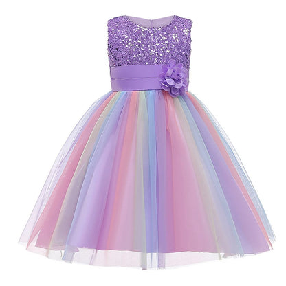 Girls Sleeveless Sequins Flower Rainbow Design Summer Dresses childrensterritory