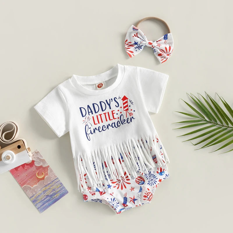 Baby Girl Tassel Tops Cartoon Shorts Headband Outfit for 4th July