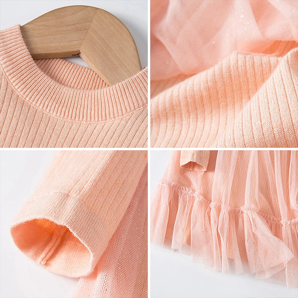 Knitted Mesh Splice Dresses for Little Girls with Round Neck childrensterritory