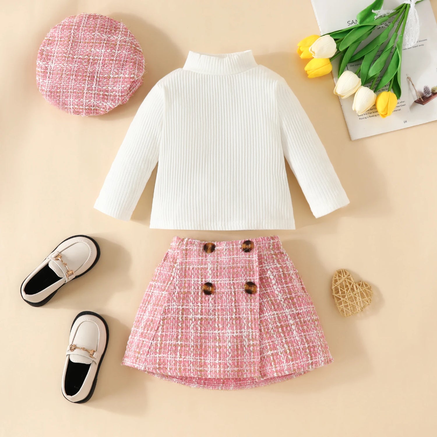 Baby Girls Knit Long Tops and Plaid Skrits with Hat Outfits childrensterritory