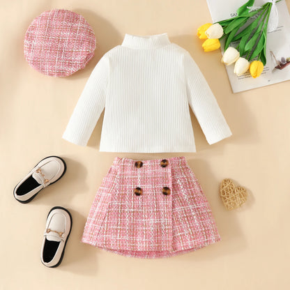 Baby Girls Knit Long Tops and Plaid Skrits with Hat Outfits childrensterritory
