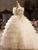 Elegant Girls' Princess Gown with Train, Embroidered with Flowers childrensterritory
