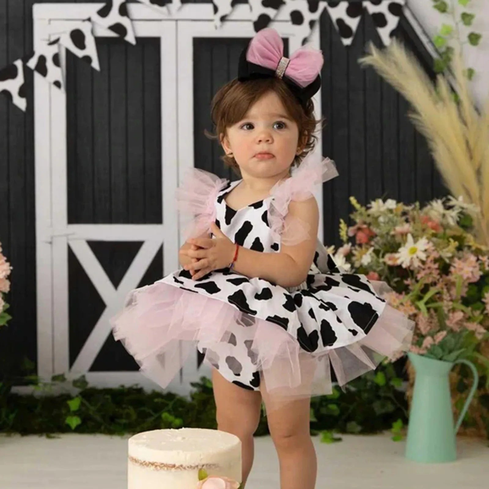 Baby Girls Cow Print Tulle Romper Dress and Headband Set