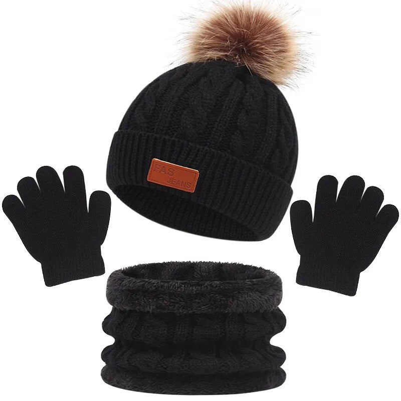 Toddler 3Pcs Cute Pompom Knitted Hats Scarf Gloves Set childrensterritory
