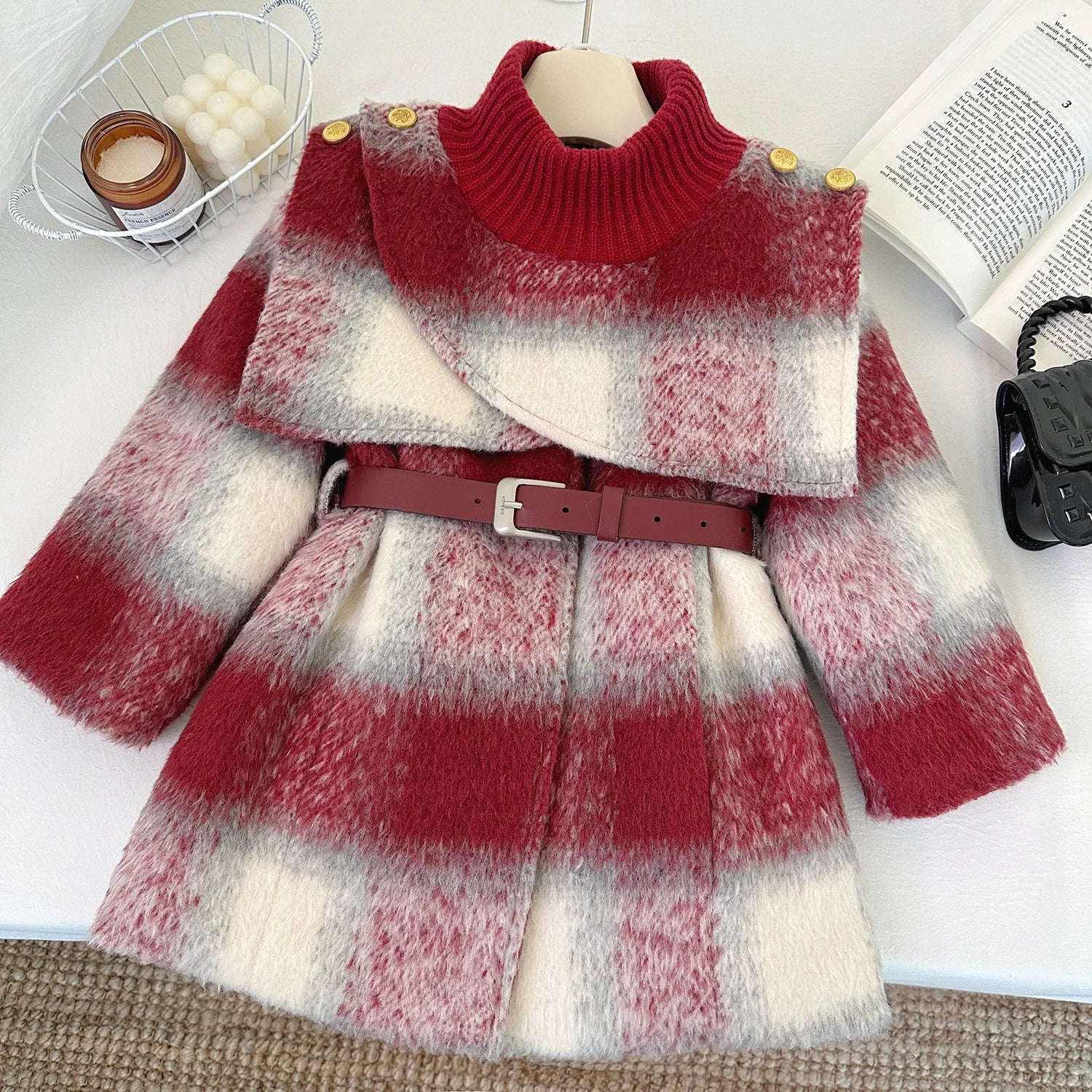 Girls' Long-Sleeved Belt Design Winter Coat