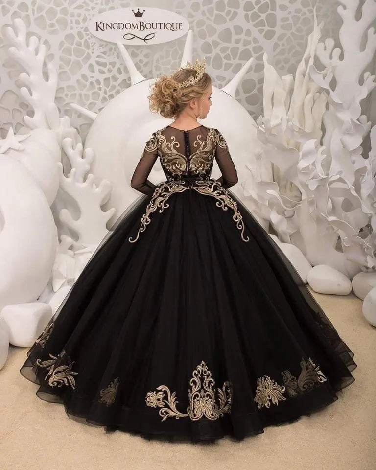 Kids Girls Black Floor Length Pageant Dress with Gold Appliques