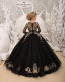 Kids Girls Black Floor Length Pageant Dress with Gold Appliques