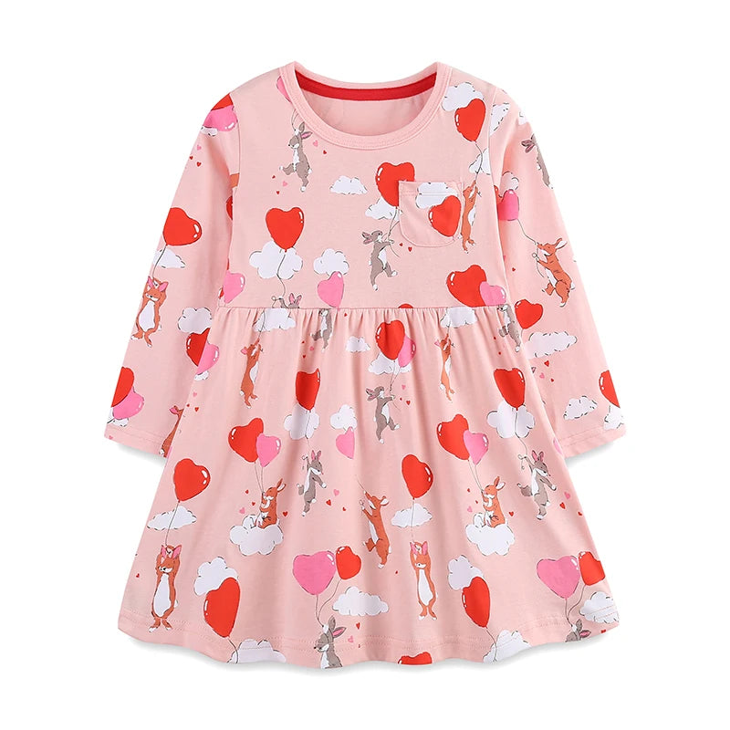 Cartoon Rabbits with Heart Balloons Design Girls Casual Dress childrensterritory