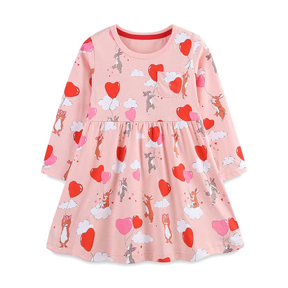 Cartoon Rabbits with Heart Balloons Design Girls Casual Dress childrensterritory