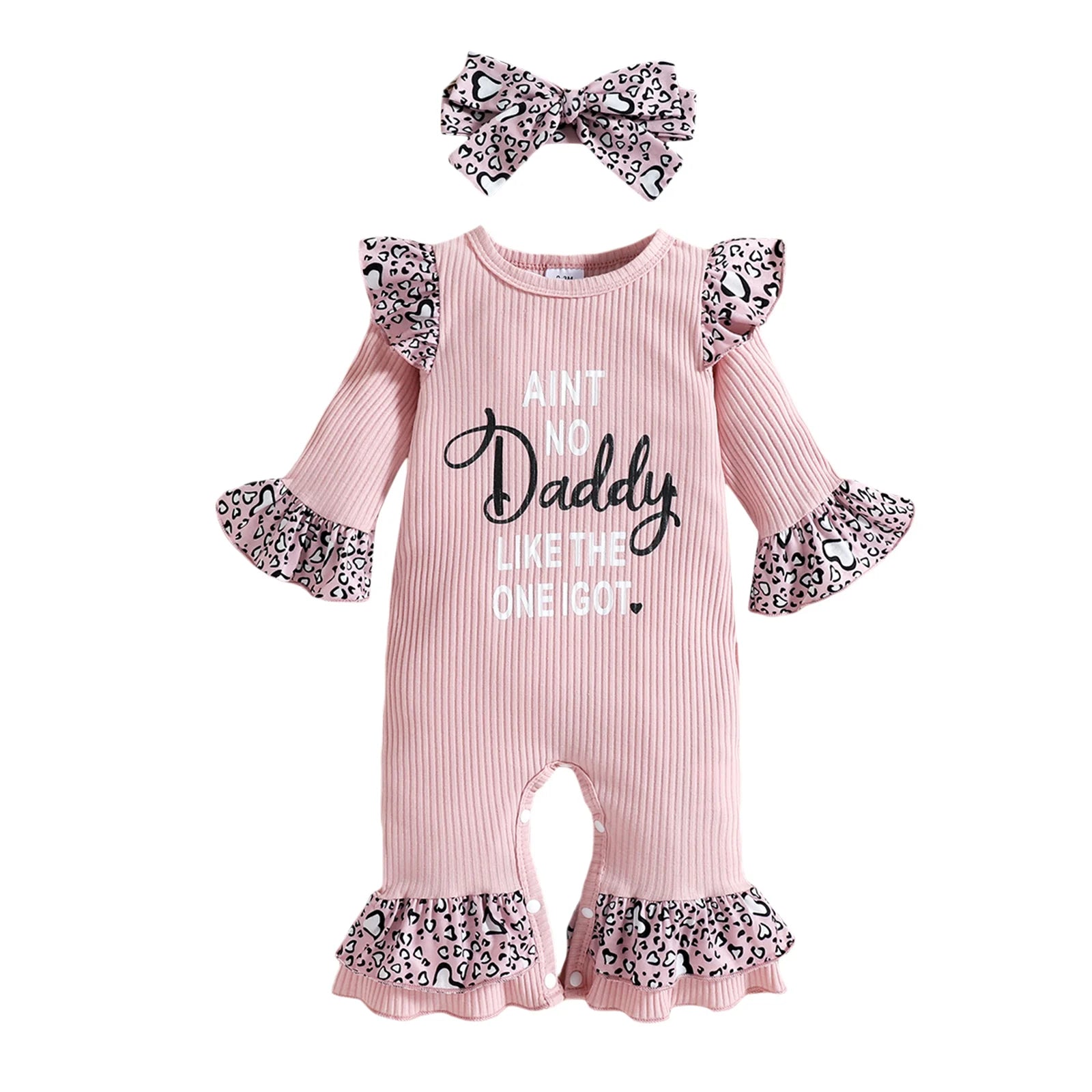 Baby Girls Letter and Leopard Print Jumpsuit & Headband Set childrensterritory