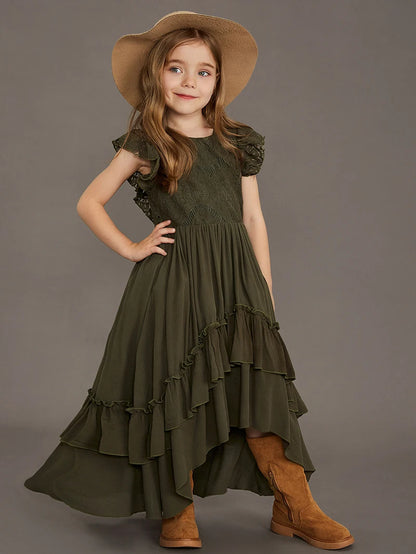 Kids Girls Stylish Lace Design Cotton Bohemia Long Dresses childrensterritory