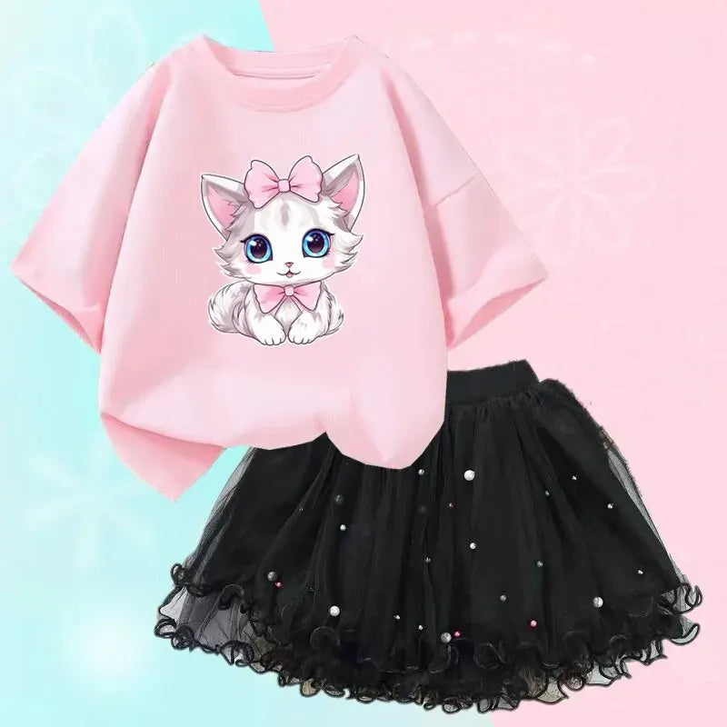 Little Girls Cute Cartoon Print T-Shirt &amp; Mesh Tutu Skirt Outfits
