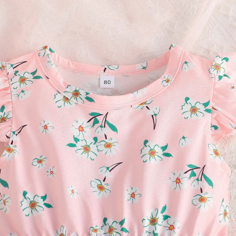 Flower Print Tulle Patchwork Kids Girls A-line Dress