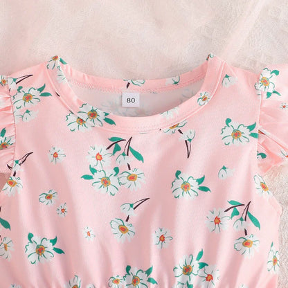 Flower Print Tulle Patchwork Kids Girls A-line Dress