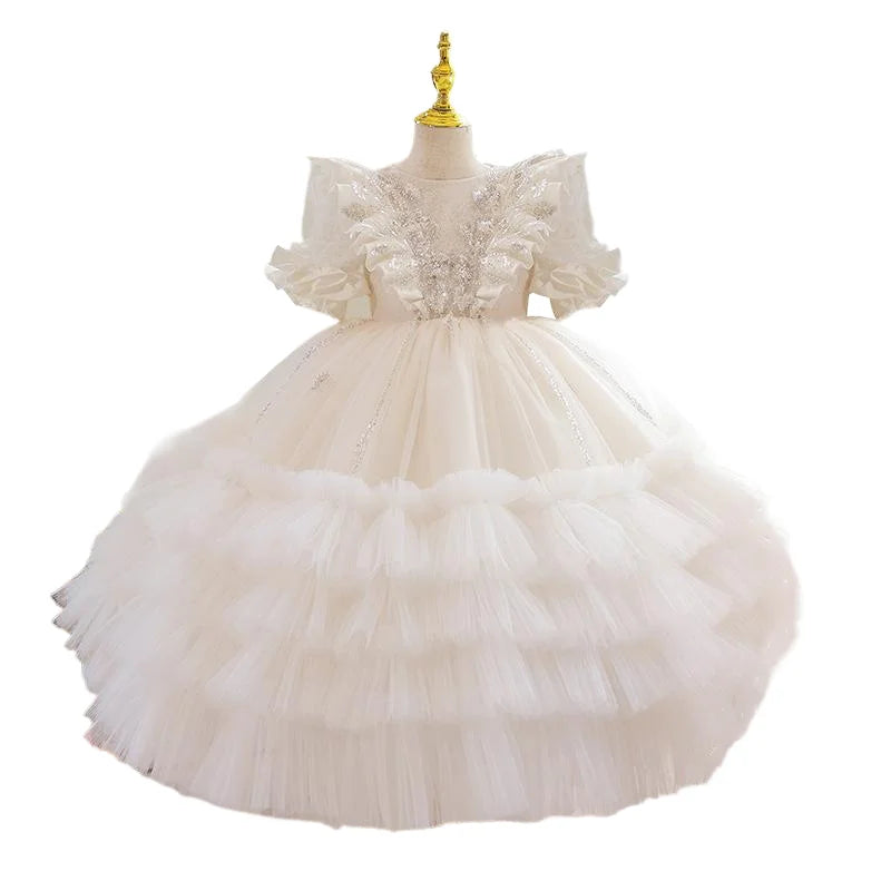 Elegant Sequined Sparkling Tulle Tiered Ball Dress for Young Girls