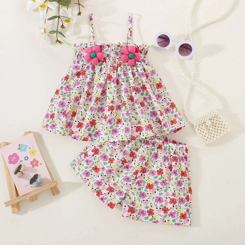 Baby Girls Fragmented Flower Strap Top+Chiffon Shorts Summer Outfit childrensterritory